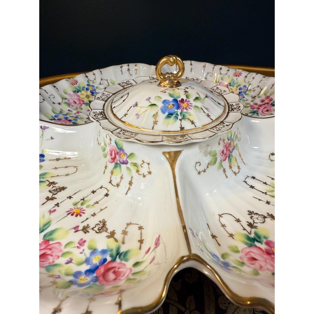 Antique Dresden Porcelain‎ Relish Dish: Hand-Painted Roses, Gilded Handles - Picture 9 of 11